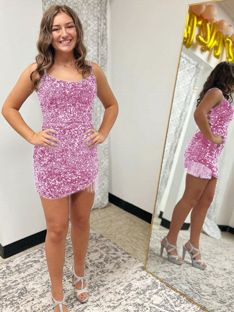 Fitted Spaghetti Straps Short Sequin Homecoming Dress