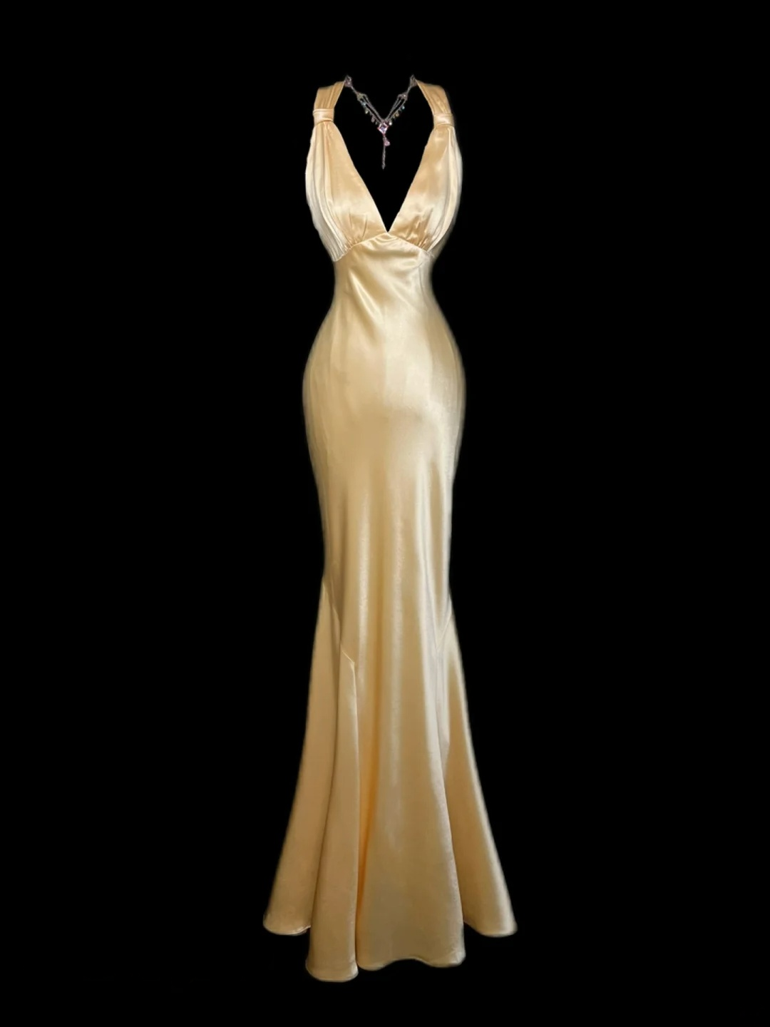 Backless Yellow Satin Prom Dress Sexy Evening Dress