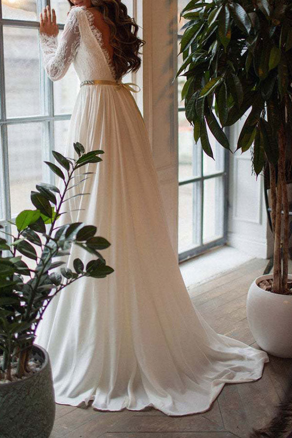 White Backless Lace Panel Prom Dress - Fashionpara