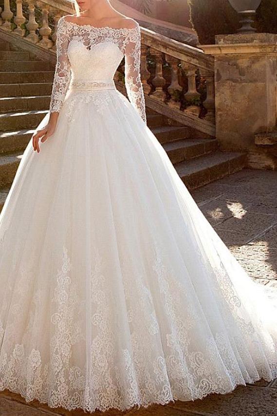 Ball Gown A-Line Wedding Dresses Off Shoulder Lace Tulle Long Sleeve Bridal Gowns Formal See-Through Court Train