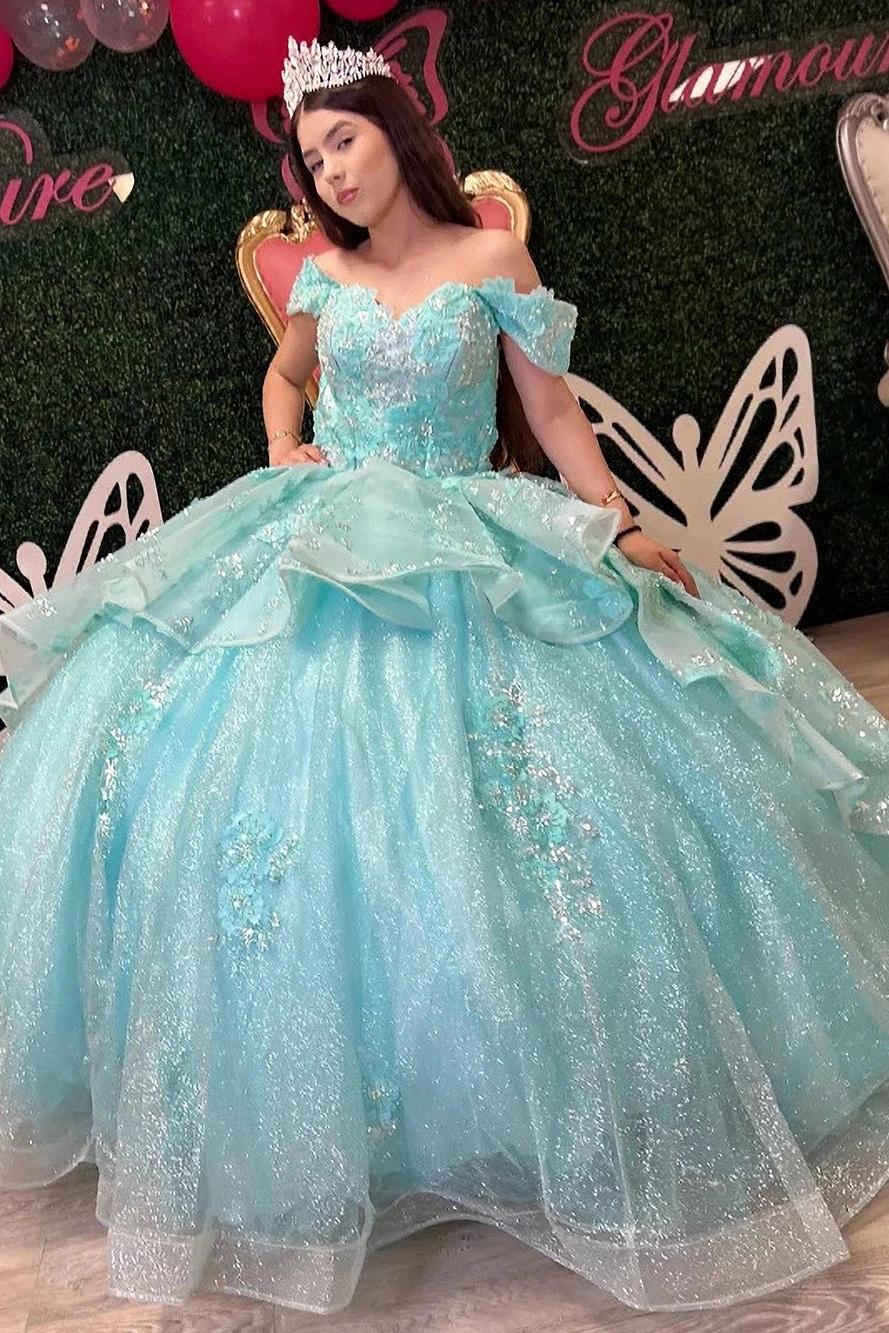 Ball Gown Off Shoulder Beaded 3D Flower Appliques Ruffles Lake Blue Tulle Princess Gown Quinceanera Dress For Sweet 16 Dress