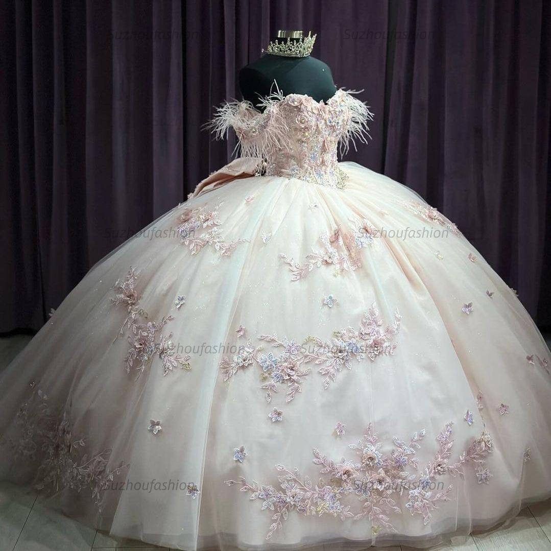 Ball Gown Off Shoulder Feather Flowers Lace Appliques Beaded Bow Knot Quinceanera Dress Princess Birthday Party Gown For Sweet 16