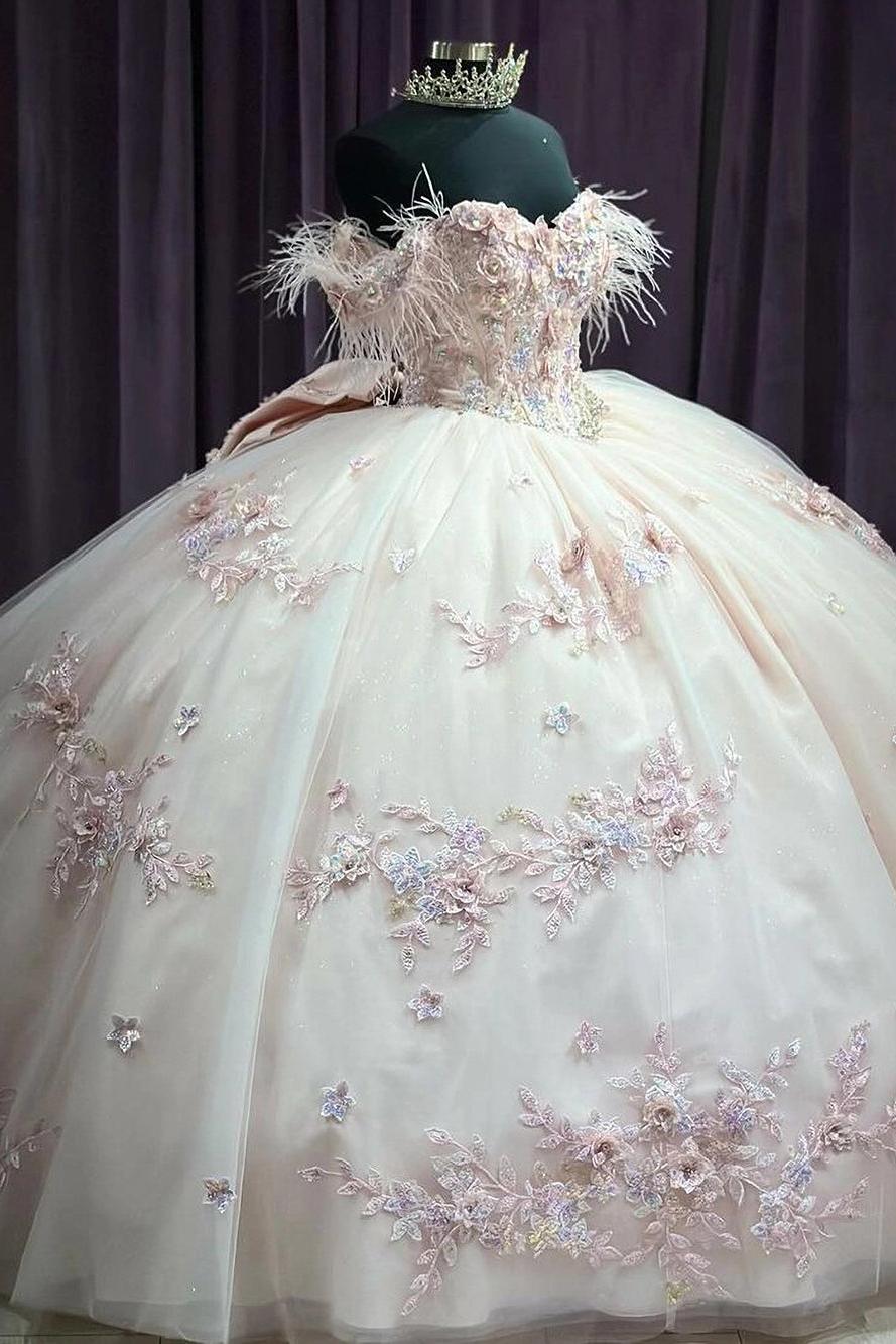 Ball Gown Off Shoulder Feather Flowers Lace Appliques Beaded Bow Knot Quinceanera Dress Princess Birthday Party Gown For Sweet 16
