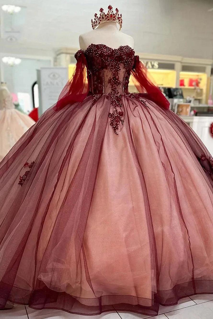 Ball Gown Off Shoulder Long Sleeves Beaded 3D Flower Lace Appliques Burgundy Tulle Princess Birthday Party Gown Quinceanera Dress For Sweet 16