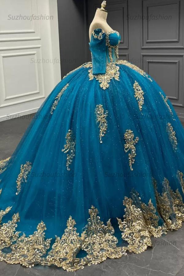 Ball Gown Off Shoulder Long Sleeves Beaded 3D Gold Appliques Lake Blue Tulle Quinceanera Dress Birthday Party Gown For Sweet 16