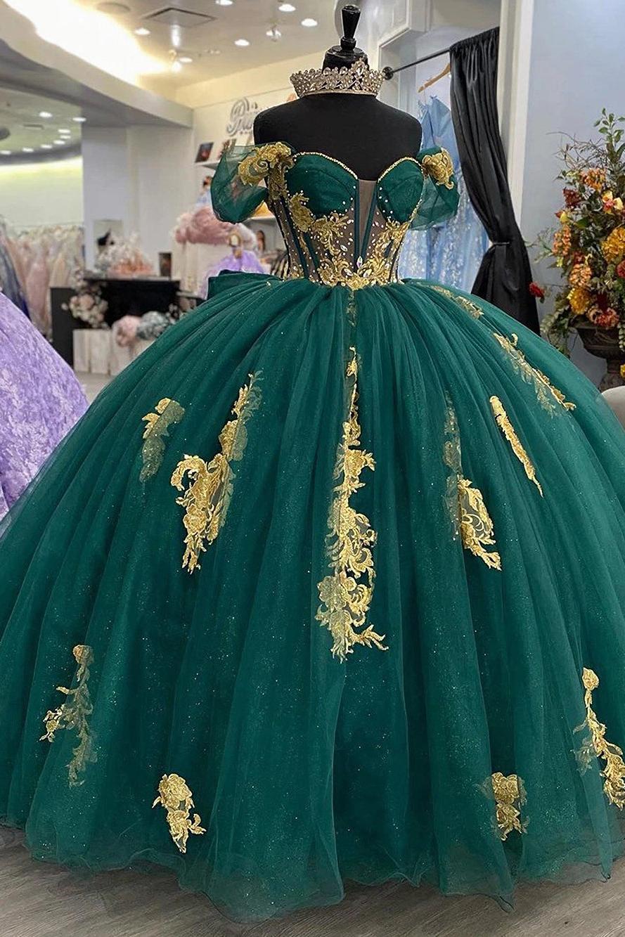 Ball Gown Off Shoulder Puffy Sleeves Flower Lace Appliques Emerald Green Tulle Princess Gown Quinceanera Dress For Sweet 16
