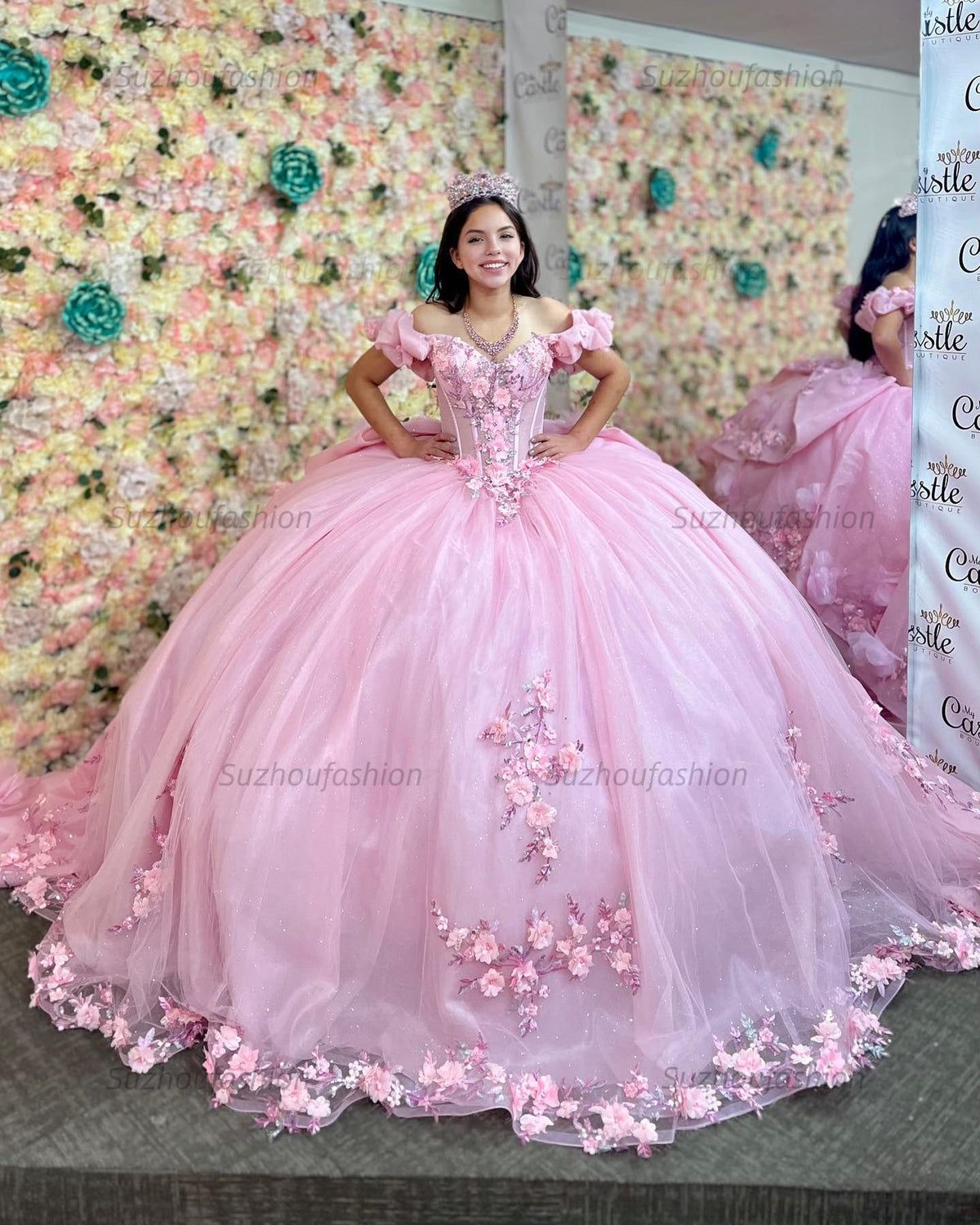Ball Gown Off Shoulder Ruched Pleated 3D Flowers Appliques Glitter Pink Tulle Quinceanera Dress Princess Birthday Party Dress For Sweet 16