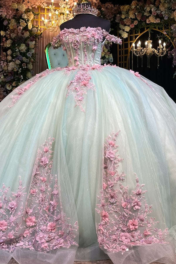 Ball Gown Off Shoulder Sleeveless 3D Pink Flowers Pleated Sparkly Tulle Quinceanera Dress Birthday Party Dress For Sweet 16