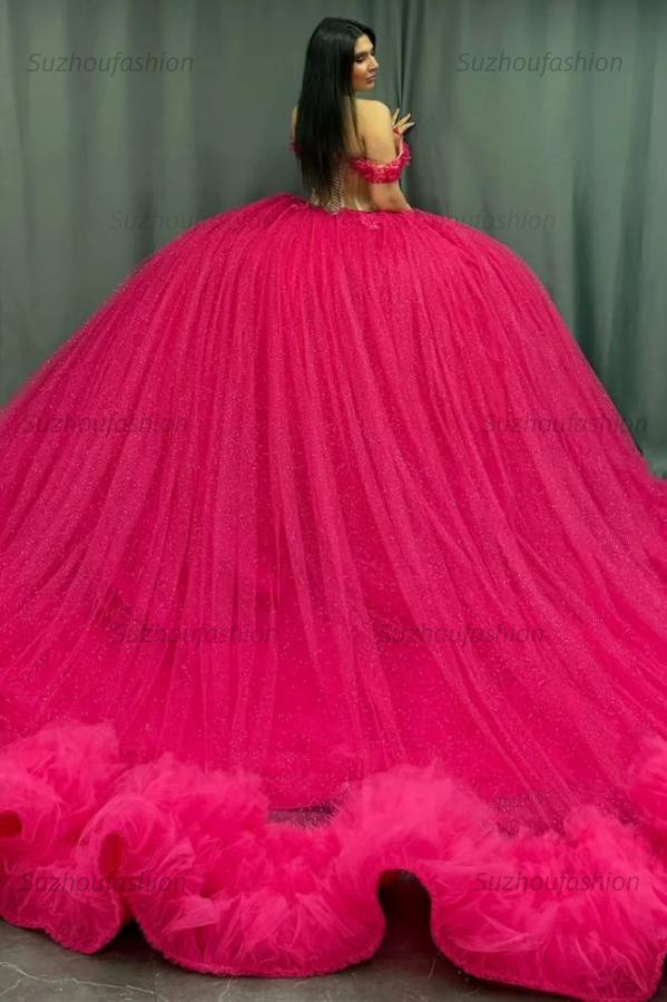 Ball Gown Off Shoulder Sleeveless Appliques Beaded Pleated Glitter Hot Pink Tulle Quinceanera Dress Birthday Party Dress