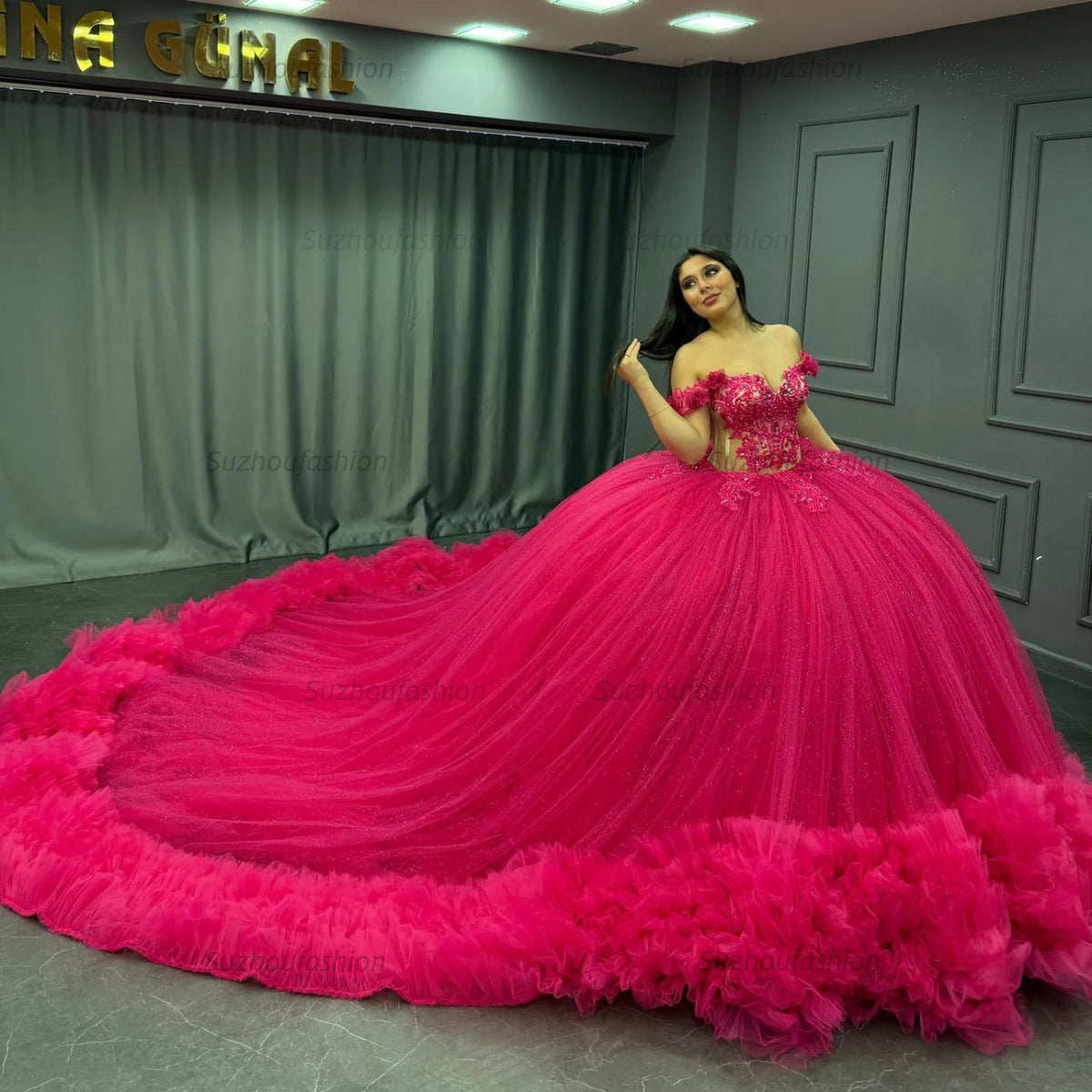 Ball Gown Off Shoulder Sleeveless Appliques Beaded Pleated Glitter Hot Pink Tulle Quinceanera Dress Birthday Party Dress