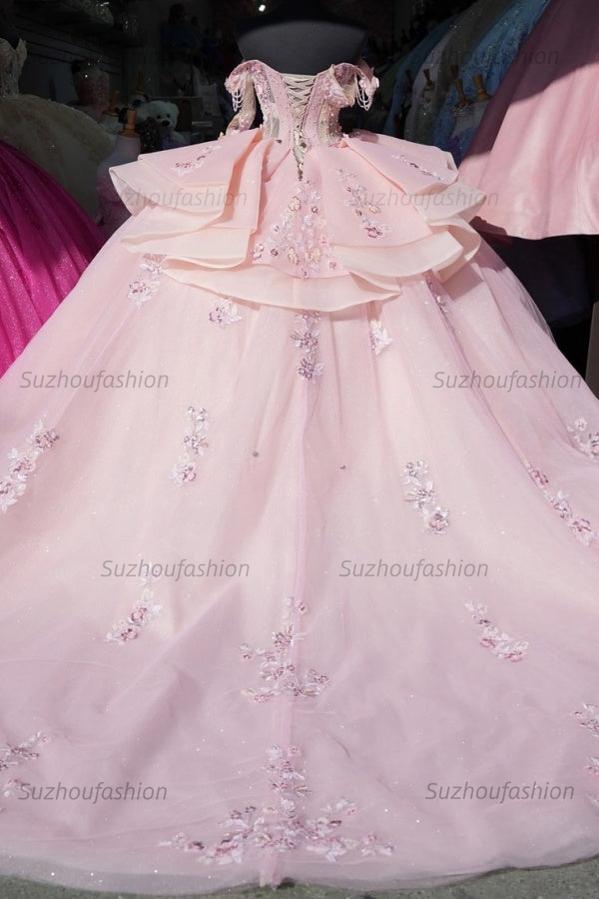 Ball Gown Off Shoulder Sleeveless Beaded Crystal Appliques Pleated Baby Pink Tulle Quinceanera Dress Birthday Party Dress For Sweet 16