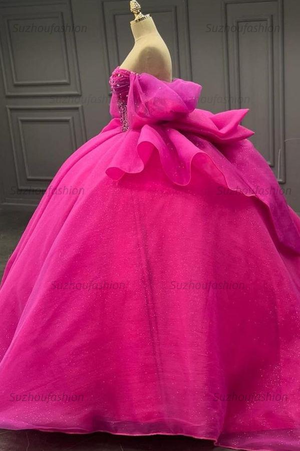 Ball Gown Off Shoulder Sleeveless Beaded Crystal Pleated Lace Up Bow Knot Corset Sparkly Fuchsia Tulle Quinceanera Dress Birthday Party Gown For Sweet 16