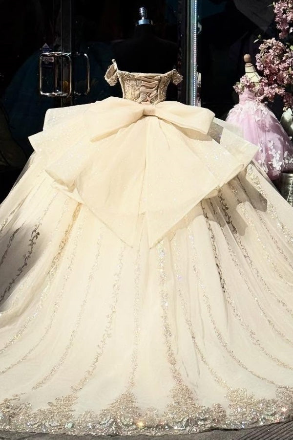 Ball Gown Off Shoulder Sleeveless Beaded Gold Appliques Bow Knots Champagne Tulle Quinceanera Dress Birthday Party Dress Evening Formal Gown For Sweet 16