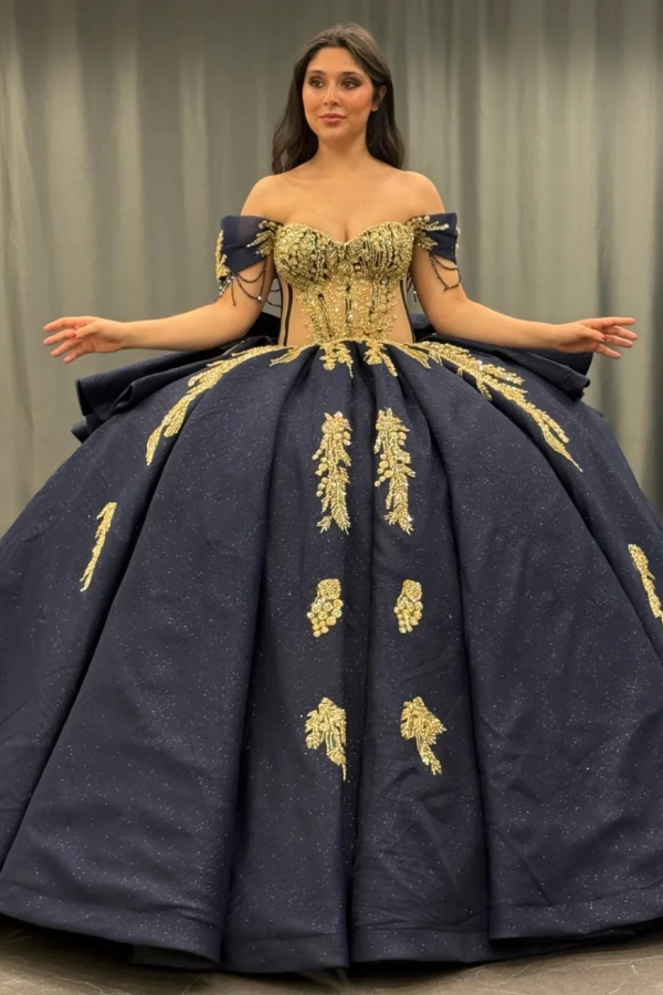 Ball Gown Off Shoulder Sleeveless Beaded Gold Appliques Pleated Bow Knot Glitter Dark Navy Satin Quinceanera Dress Birthday Party Dress For Sweet 16