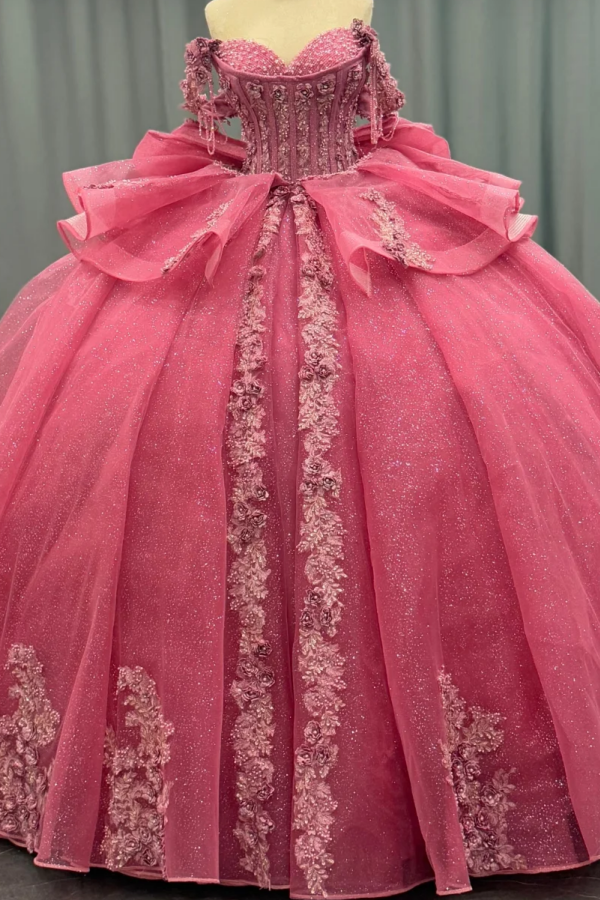 Ball Gown Off Shoulder Sleeveless Beaded Sequins 3D Flower Appliques Bow Knot Glitter Pink Tulle Quinceanera Dress Formal Evening Party Gown For Sweet 16