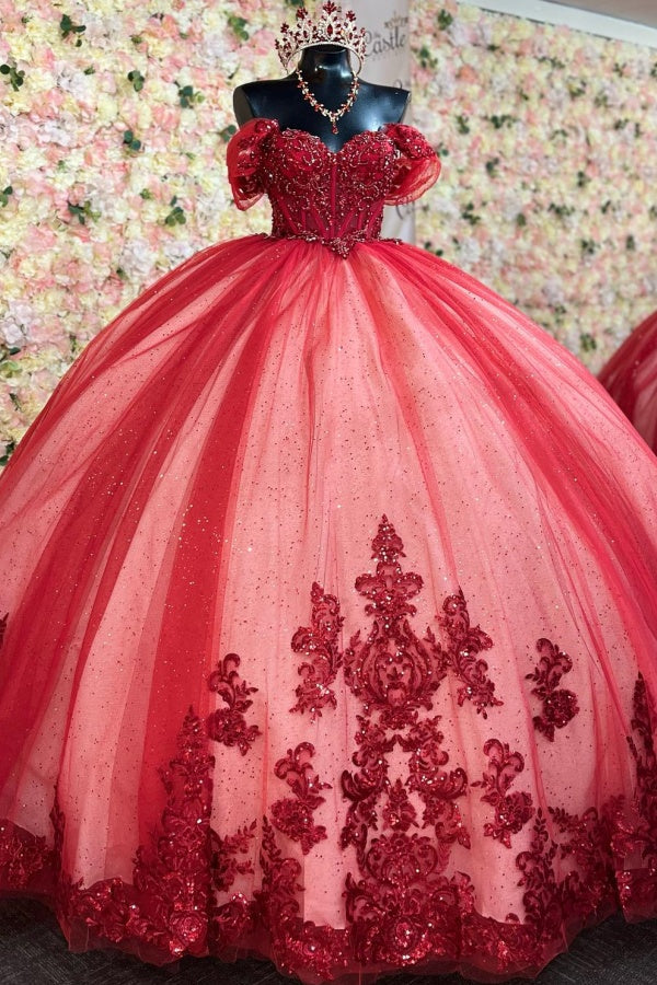 Ball Gown Off Shoulder Sleeveless Beaded Sequins Appliques Pleated Lace Up Glitter Red Tulle Quinceanera Dress Birthday Party Gown For Sweet 16