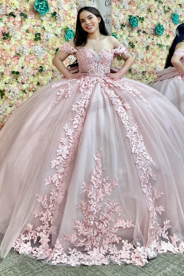 Ball Gown Off Shoulder Sleeveless Fully Appiques Crystal Pleated Lace Up Big Bow Knot Light Pink Tulle Quinceanera Dress Birthday Party Dress Formal Evening Gown For Sweet 16