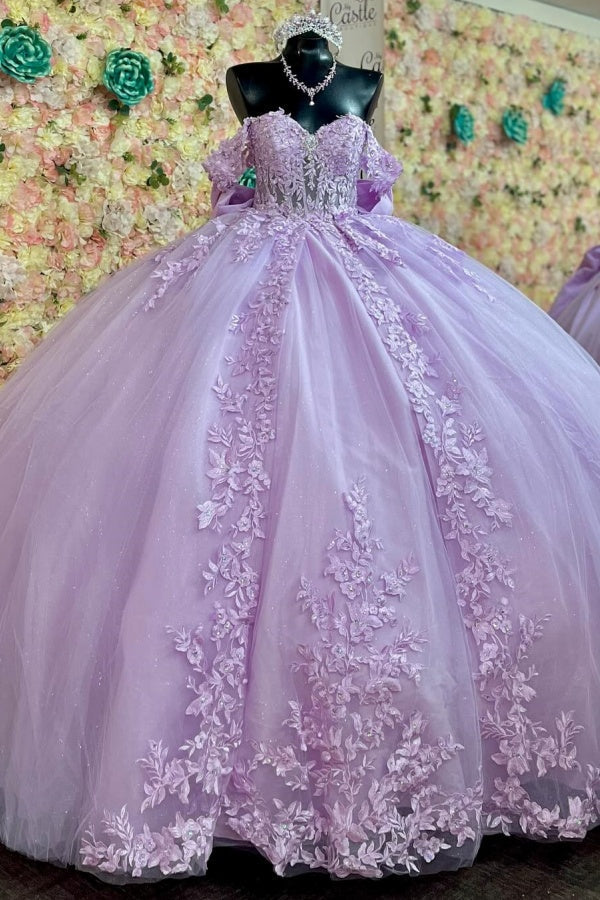 Ball Gown Off Shoulder Sleeveless Fully Appliques Pleated Big Bow Knot Lace Up Glitter Lilac Quinceanera Dress Birthday Party Dress For Sweet 16