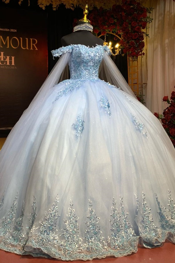 Ball Gown Off Shoulder Sleeveless Fully Sequins Beaded Appliques Baby Blue Tulle Quinceanera Dress Evening Formal Gown Birthday Party Dress For Sweet 16