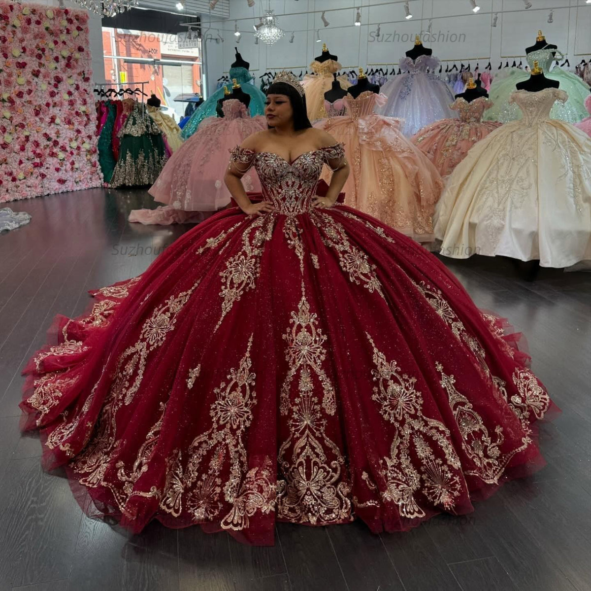 Ball Gown Off Shoulder Sleeveless Gold Sequins Appliques Big Bow Knot Sparkly Burgundy Tulle Quinceanera Dress Birthday Party Dress Evening Formal Gown For Sweet 16