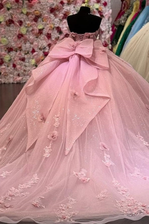 Ball Gown Off Shoulder Sleeveless Pleated 3D Flowers Applique Bow Knot Sparkly Pink Tulle Quinceanera Dress Birthday Party Dress Evening Formal Gown For Sweet 16