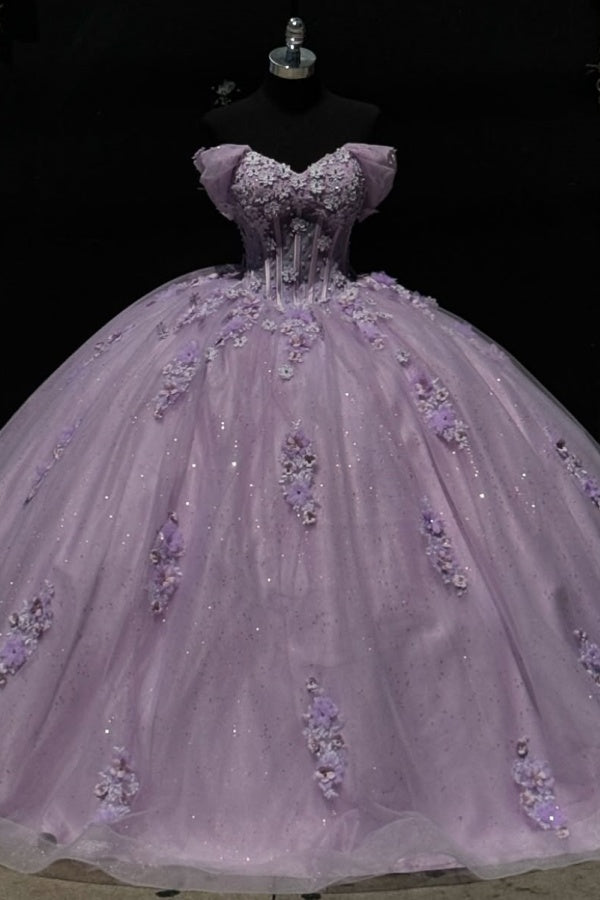 Ball Gown Off Shoulder Sleeveless Pleated 3D Flowers Appliques Sparkly Lilac Tulle Quinceanera Dress Birthday Party Dress Evening Formal Gown For Sweet 16