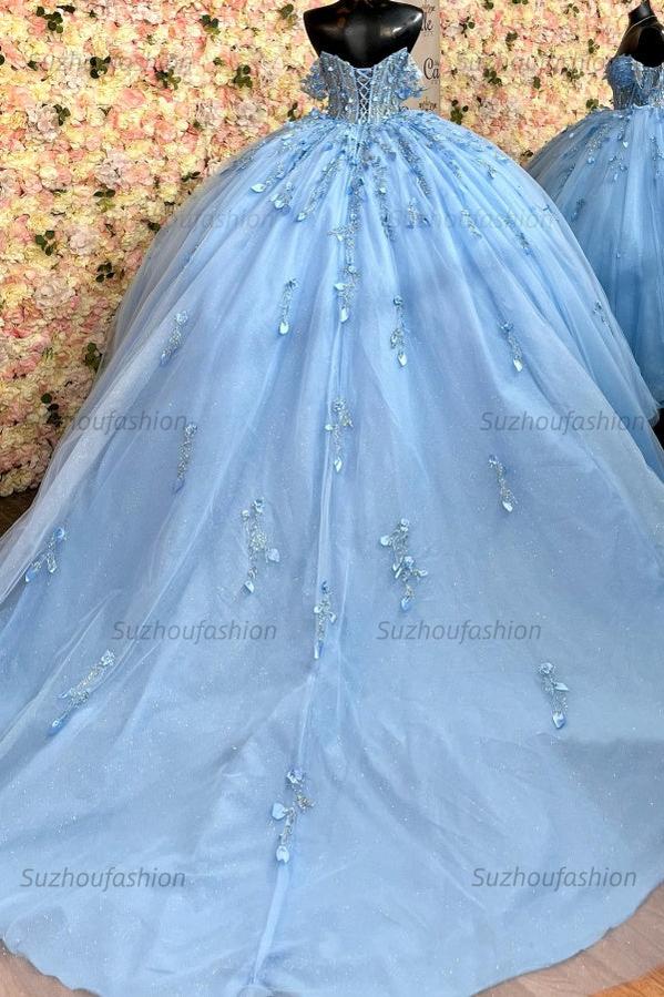 Ball Gown Off Shoulder Sleeveless Pleated Beaded Sequins 3D Flower Appliques Lace Up Glitter Sky Blue Tulle Quinceanera Dress Birthday Party Dress For Sweet 16