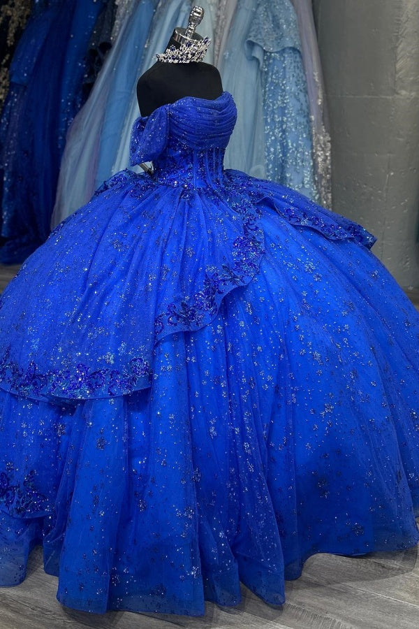 Ball Gown Off Shoulder Sleeveless Pleated Sequins Appliques Glitter Royal Blue Tulle Quinceanera Dress Evening Formal Gown Birthday Party Dress For Sweet 16