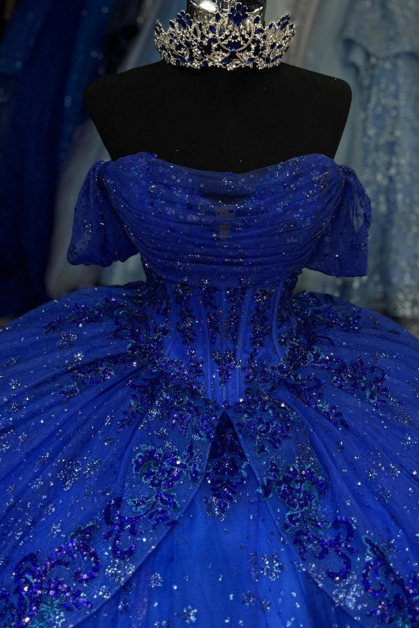 Ball Gown Off Shoulder Sleeveless Pleated Sequins Appliques Glitter Royal Blue Tulle Quinceanera Dress Evening Formal Gown Birthday Party Dress For Sweet 16