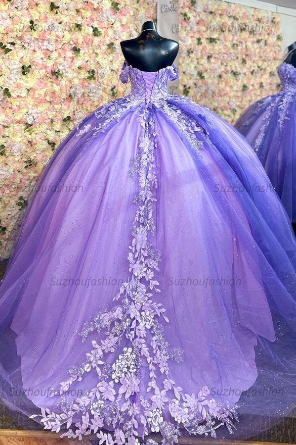 Ball Gown Off Shoulder Sleeveless Sequins Appliques Lace Up Sparkly Purple Tulle Quinceanera Dress Birthday Party Dress For Sweet 16