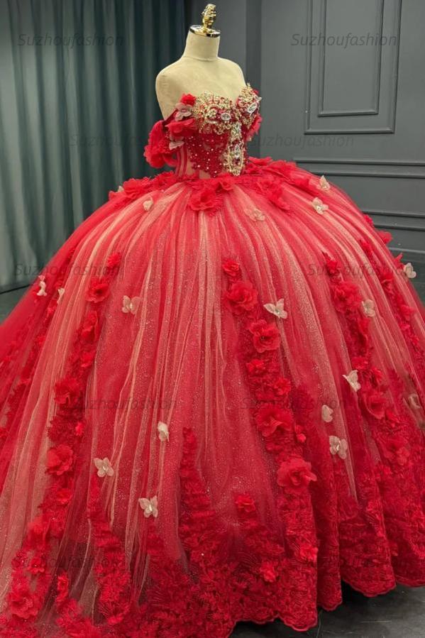 Ball Gown Off Shoulder Sleeveless Sequins Beaded 3D Flower Appliques Sparkly Red Tulle Quinceanera Dress Birthday Party Dress