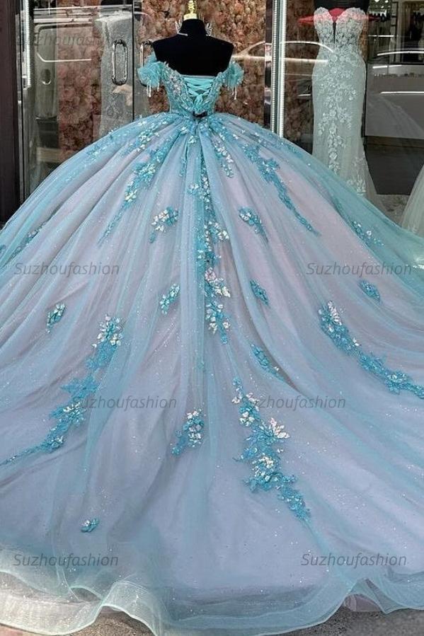Ball Gown Off Shoulder Sleeveless Sequins Fully Appliques Sky Blue Tulle Quinceanera Dress Formal Evening Gown Birthday Party Dress For Sweet 16