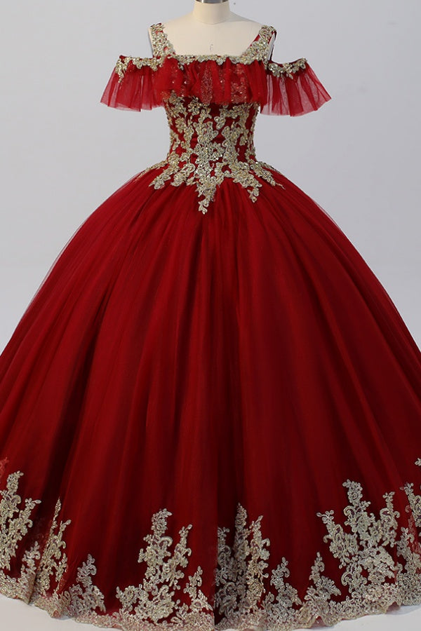 Ball Gown Off Shoulder Straps Sleeveless Gold Appliques Back Zipper Sparkly Burgundy Tulle Quinceanera Dress Formal Evening Gown For Sweet 16