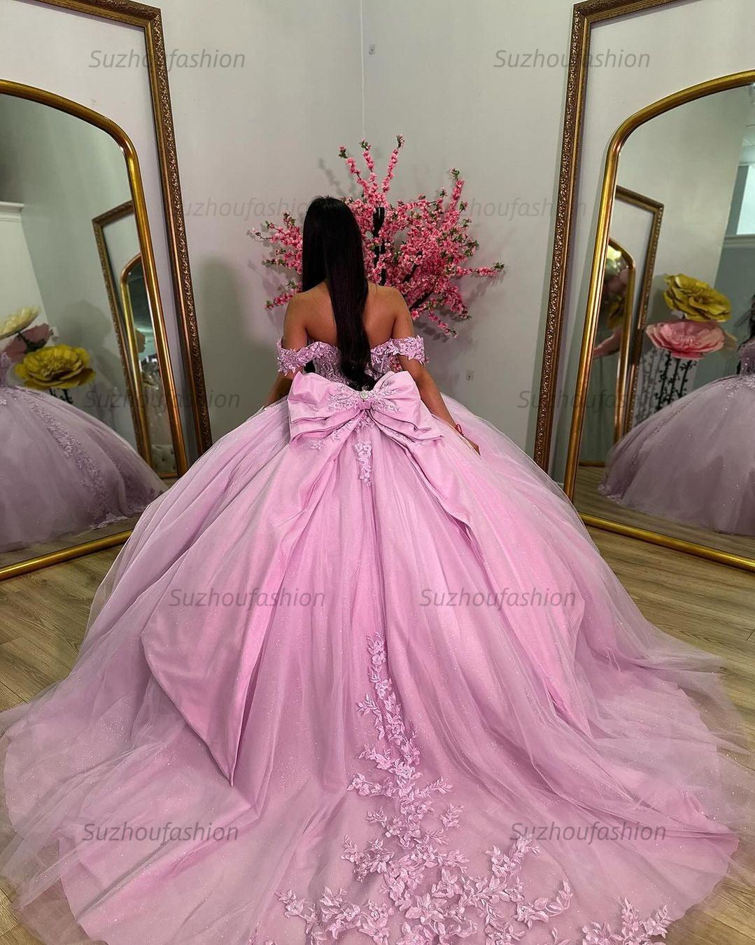 Ball Gown Off Shoulder Sweetheart Neck Lace Appliques Bow Knot Pink Tulle Princess Evening Party Gowns Quinceanera Dress For Sweet 16