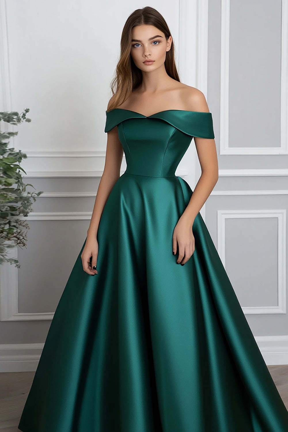 Ball Gown Satin Dark Green Wedding Guest Dress Long Formal Dress