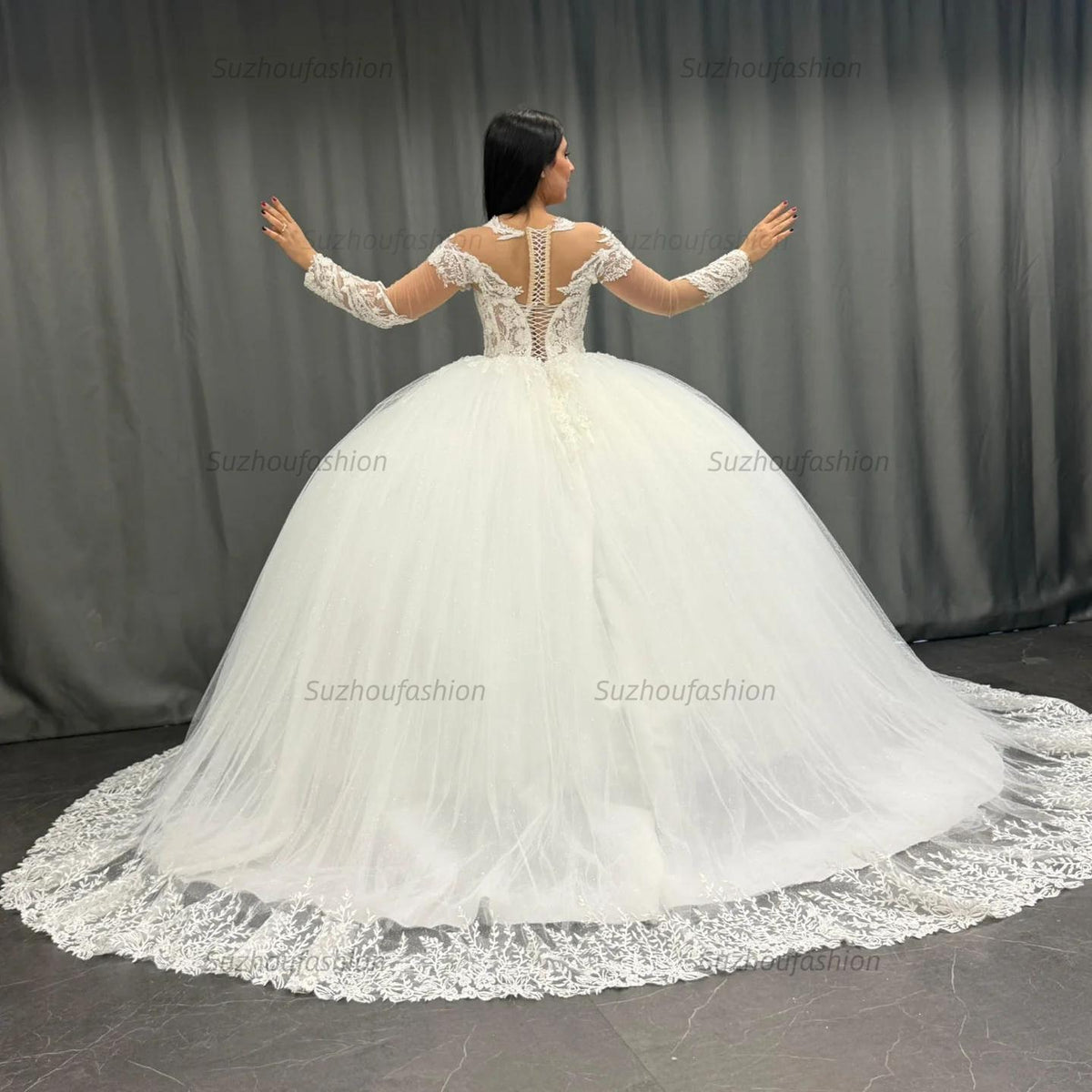 Ball Gown Scoop Neck Long Transparent Sleeves Fully Lace Appliques Pleated White Tulle Formal Evening Party Dress Quinceanera Dress Birthday Gown For Sweet 16