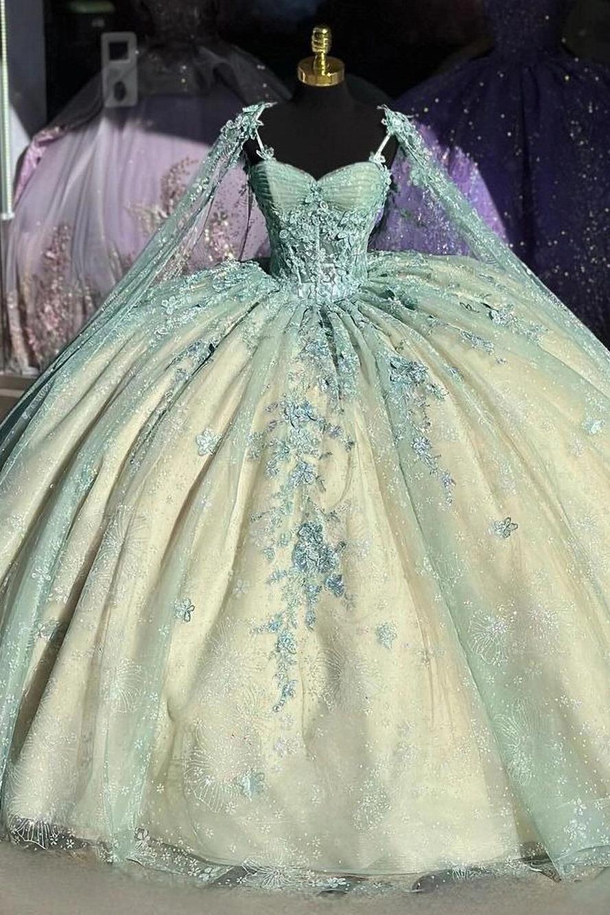Ball Gown Spaghetti Straps Sweetheart Neck Lace Appliques Beaded Mint Green Tulle Quinceanera Dresses Birthday Prom Gown For Sweet 16