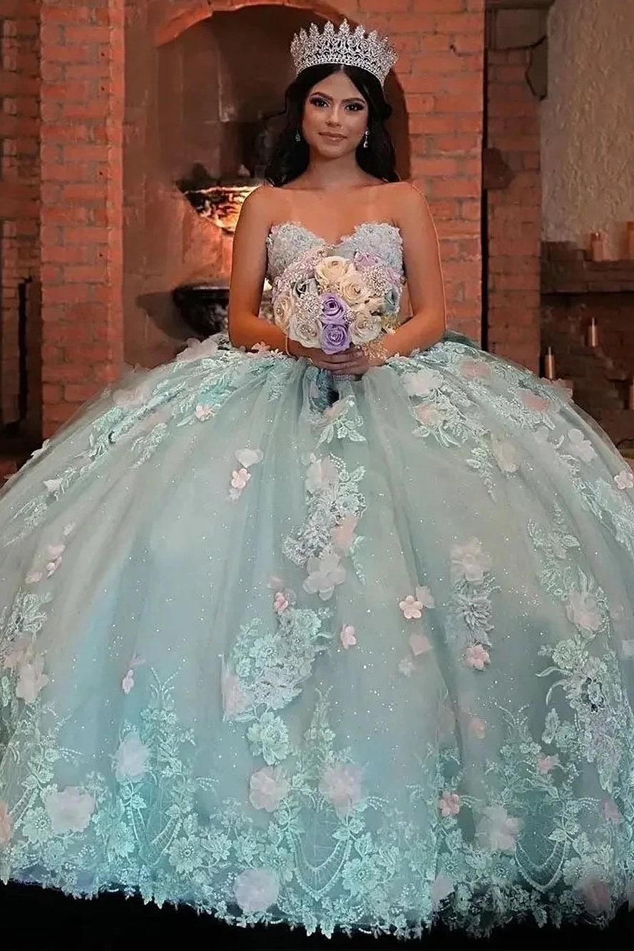 Ball Gown Strapless Sleeveless 3D Flower Lace Appliques Sky Blue Tulle Quinceanera Dress For Sweet 16