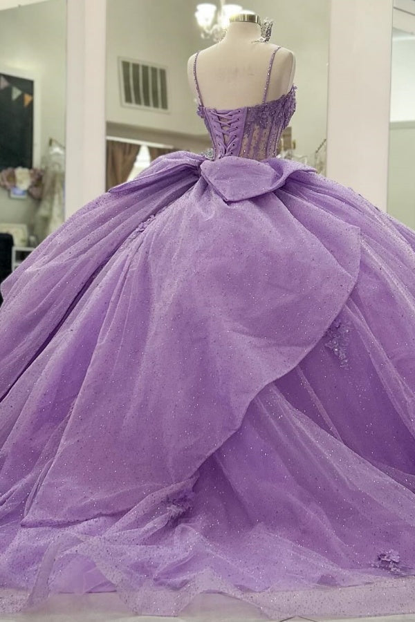 Ball Gown Strapless Spaghetti Straps Sleeveless Beaded 3D Flowers Appliques Pleated Bow Knots Purple Tulle Quinceanera Dress Evening Formal Gown Birthday Party Dress For Sweet 16
