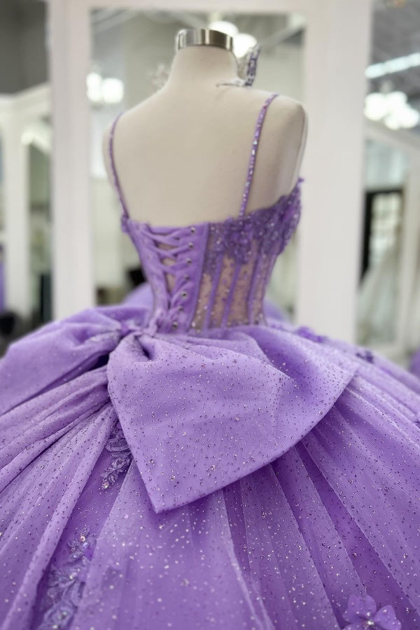 Ball Gown Strapless Spaghetti Straps Sleeveless Beaded 3D Flowers Appliques Pleated Bow Knots Purple Tulle Quinceanera Dress Evening Formal Gown Birthday Party Dress For Sweet 16