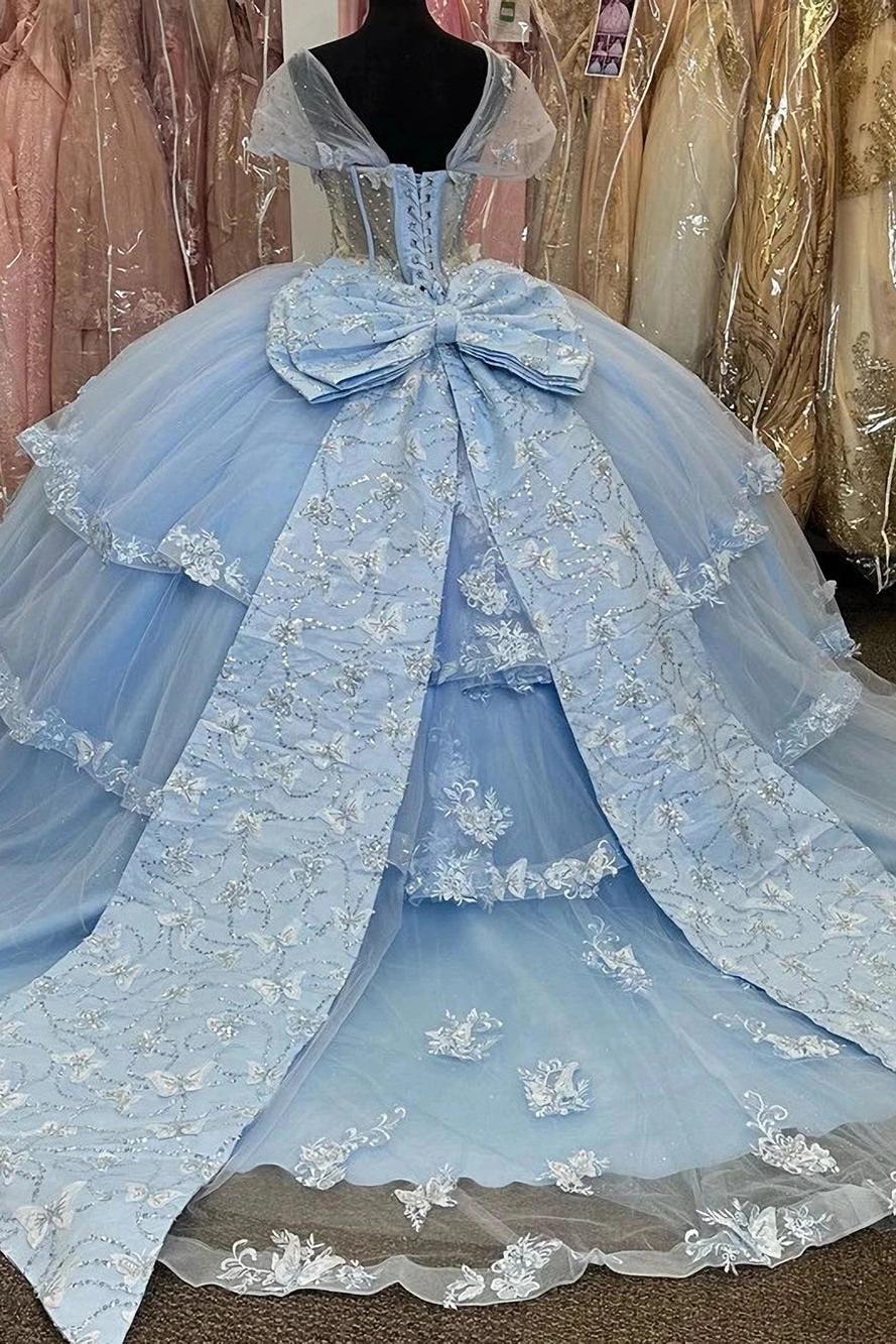 Ball Gown Sweatheart Neck Short Sleeves 3D Butterfly Appliques Tiered Bow Knot Light Blue Tulle Quinceanera Dress For Sweet 16