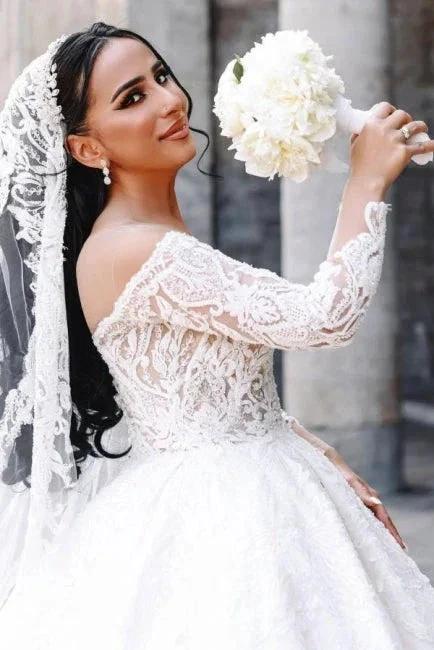 Ball Gown Sweetheart Long Sleeve Floor-Length Stain Wedding Dresses with Lace (ZD15742)