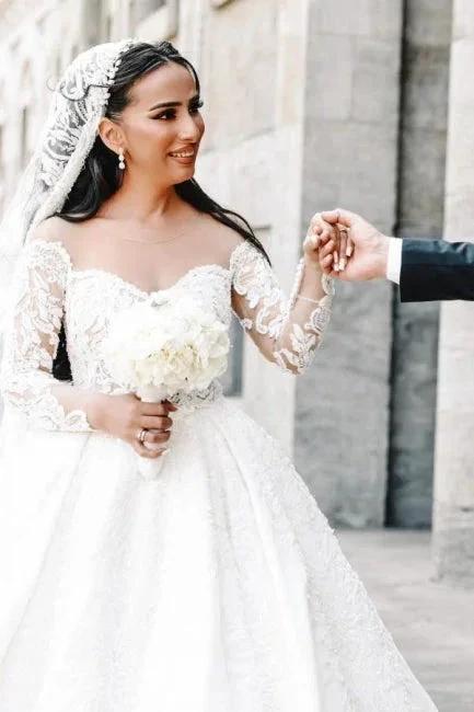Ball Gown Sweetheart Long Sleeve Floor-Length Stain Wedding Dresses with Lace (ZD15742)