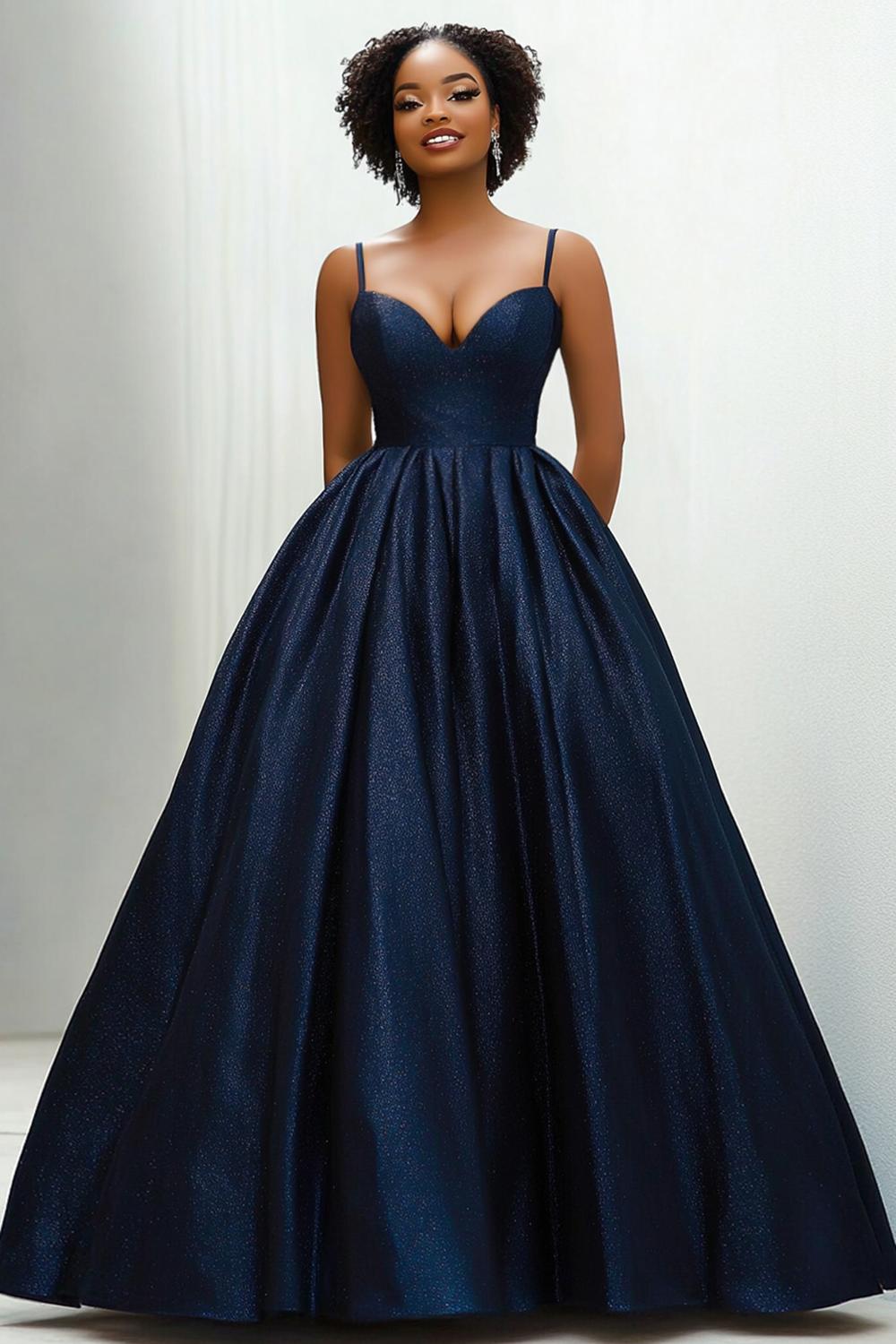 Ball Gown Sweetheart Navy Wedding Guest Dress Spaghetti Straps Long Satin Formal Dress With Pockets
