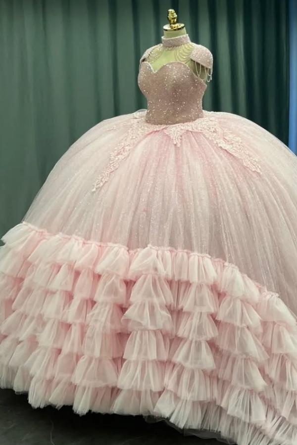 Ball Gown Sweetheart Neck Cap Sleeves Beaded Appliques Baby Pink Tulle Quinceanera Dress Formal Evening Gown For Sweet 16