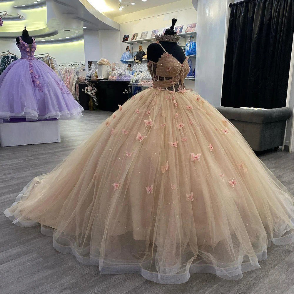 Ball Gown Sweetheart Neck Spaghetti Straps Sleeveless 3D Butterfly Appliques Beaded Dusty Pink Tulle Quinceanera Dress Birthday Party Gowns For Sweet 16