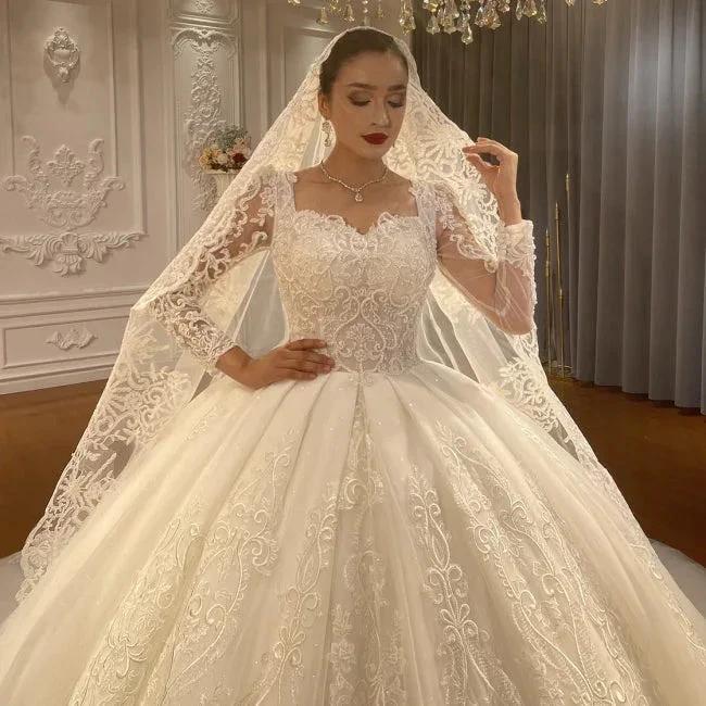 Ball Gown Sweetheart Tulle Long Sleeves Appliques Floor-Length Wedding Dresses with Lace (ZD15731) - View 6 | VelvetHem