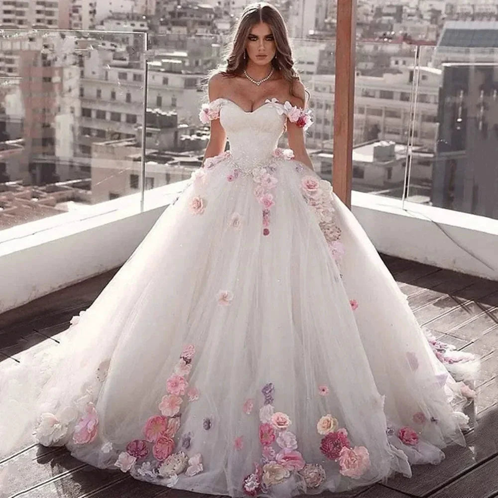 Ball Gown Wedding Dresses 2023 Sweetheart Off Shoulder 3D Flower Bridal Dress Sweep Train Plus Size robe de soirée de mariage (ZD14120)