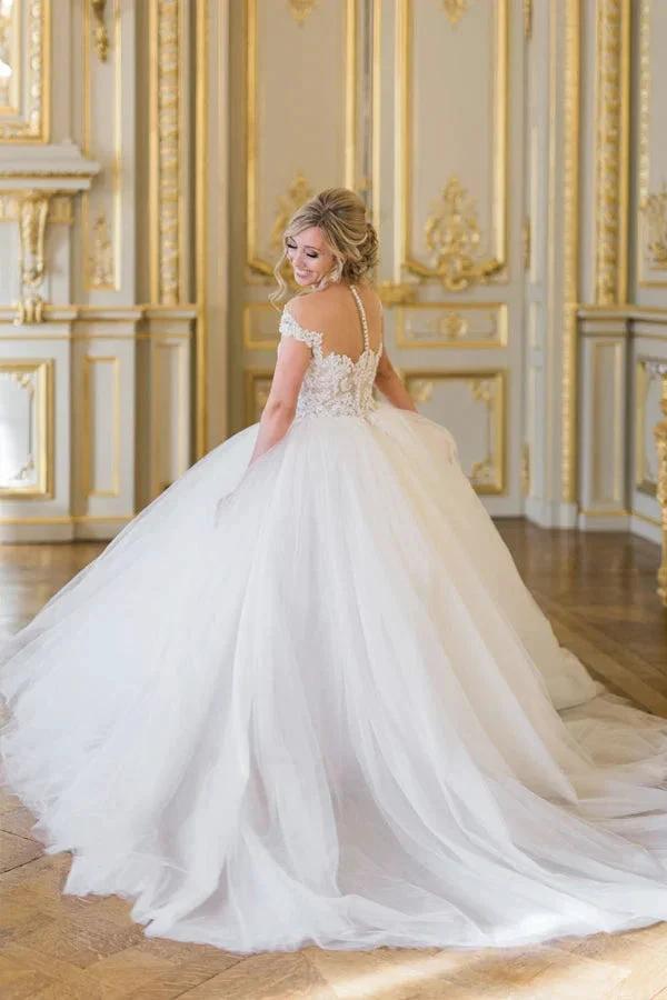 Ball Gown Elegant Cap Sleeves Lace Tulle Wedding Dress (ZD16132) - View 3 | VelvetHem