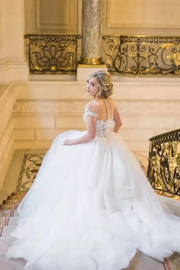 Ball Gown Elegant Cap Sleeves Lace Tulle Wedding Dress (ZD16132) - View 4 | VelvetHem